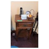 Maple one drawer nightstand with alarm clock etc