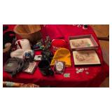 Foreign coins hats wooden bowl candle holders etc