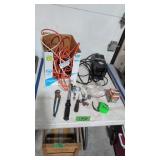 Tools extension cord air pump wooden crate under