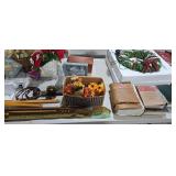 Swan planter lighted Christmas wreath books cane