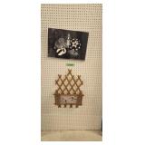 Antique oak wall basket with framed print