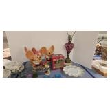 Vintage cranberry etched table lamp toy figures