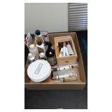 Box of wood furniture, markers, cleaning s