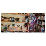 Items on shelves, oil, cleaning supplies, paint,