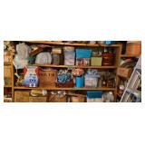 Shelf lot of household items, linens, ribbon, etc