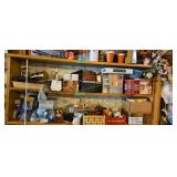 Shelf lot of household items, video tripods etc