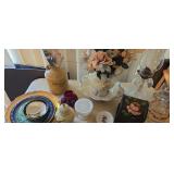 Wash bowl and pitcher, oil lamp, jewelry box,