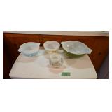Pyrex and green depression, glass cups and saucers