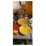 Antique mixing bowls, oil lamps, etc
