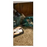 Lot of sneakers located under table