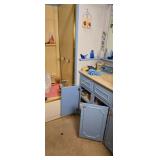 Contents of bathroom, blue glassware, straight