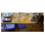 Milk glass, end of day, glass basket, plates, etc