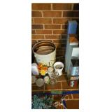 Paint decorated metal bucket, glassware etc as