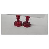 Pair Of Red Coin Glass Candle Holders