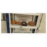 three longaberger baskets and clock