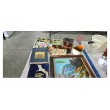 framed print books costume jewelry etc