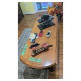 items on coffee table cars train etc