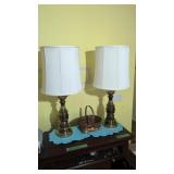 pair of heavy brass table lamps and basket