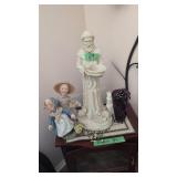 figurines and vase on top of the fireplace
