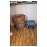 wicker clothes basket and stool
