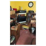 computer desk with monitor printer radio CDs etc