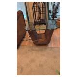 pair of thick wicker glass top end tables 28 in
