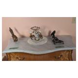 ornate lady figural lamp inkwell bird figures on