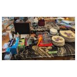 items on top of kitchen island to include plates