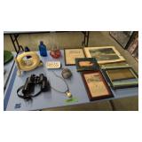 vintage phone binoculars picture frames oil lamp