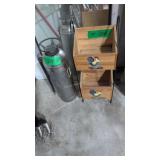 fire extinguisher, wooden storage bin with