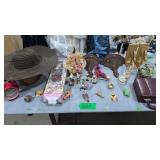 lot of figurines wall shelves doll hat etc