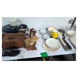 household glassware, hunting knife, tools under