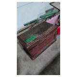 vintage wooden tool box and beach chair frames