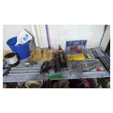tools, floor jack bucket etc