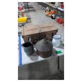 copper funnel, agateware, strawberry crate