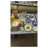 flow blue saucers vintage glasses pottery base