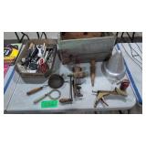 vintage kitchen utensils and wooden box