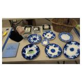 flow blue china, baskets, picture frames, lamp