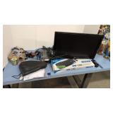 monitor, keyboards, power strip, folding fishing