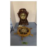 mantle clock and ships wheel