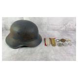 WWII German Military Helmet & Pins+