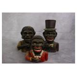 3pc Vtg Black Americana Cast Iron Mechincal Banks