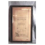 Framed Antique Architecural Pencil Drawing