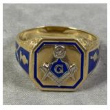 14K Gold Free Mason Blue Enamel Ring