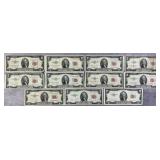 11pc 1953 Red Seal $2 Legal Tender Notes