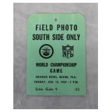 1969 Super Bowl Field Photo Pass
