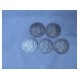 5pc US Silver Barber Half Dollars Lot
