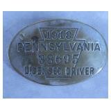 1918 Pennsylvania Licensed Driver Badge Pin
