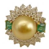 18K South Sea Pearl, Emerald & Diamond Ring