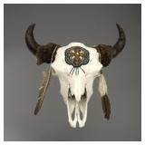 Buffalo Skull with Beaded Forehead and Feathers